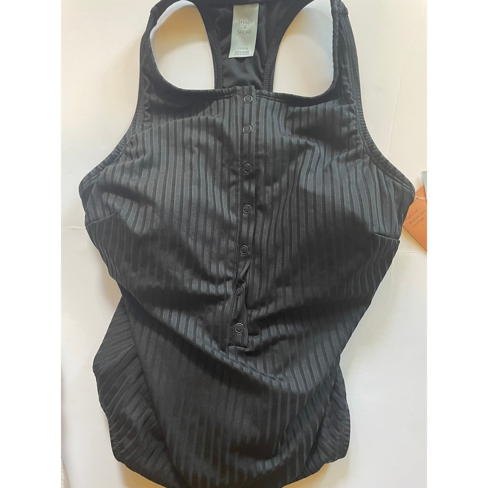 NWT Shade & Shore Black Ribbed Henley One Piece Swimsuit Tummy Control L - Picture 4 of 6
